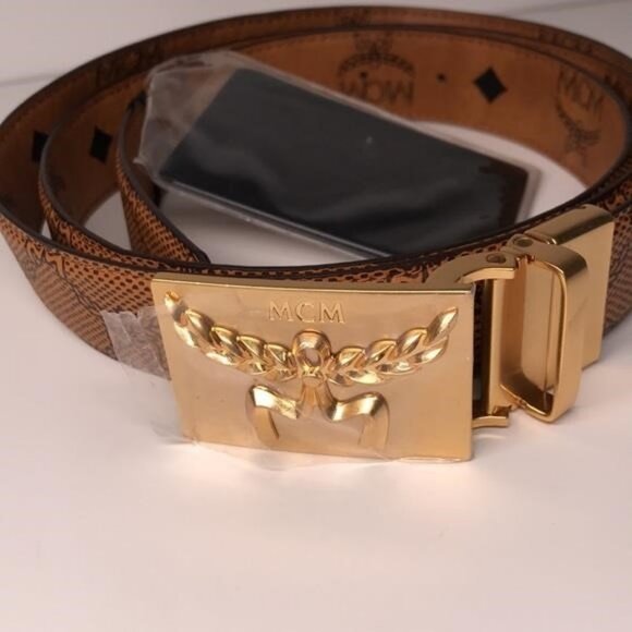 New Authentic MCM Garland Plaque Buckle Print Belt in 24K Gold Plating - Picture 10 of 12